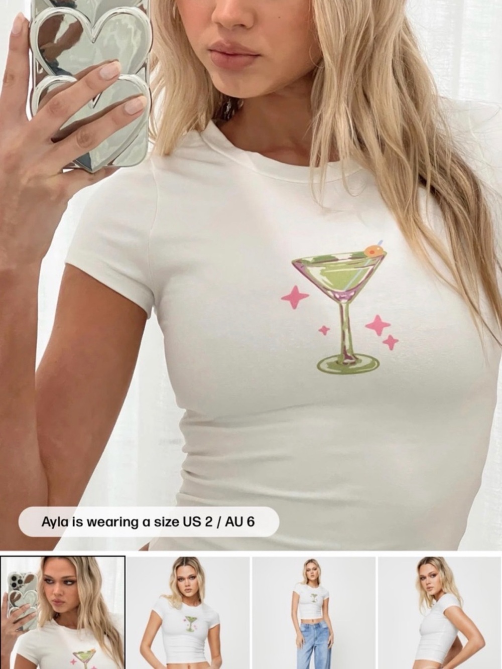 NWT Princess Polly White Tee with Green Martini & Pink Accents